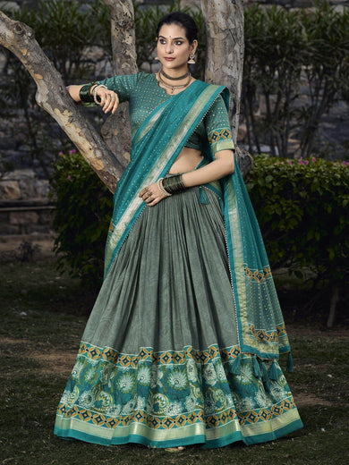 Glamorous Sage Green Digital Printed Tussar Silk Lehenga Choli